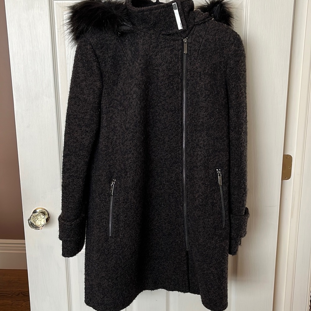 New Women’s CALVIN KLEIN 3/4 Black/Brown Faux Fur Hooded Wool Coat Size XL 12/14